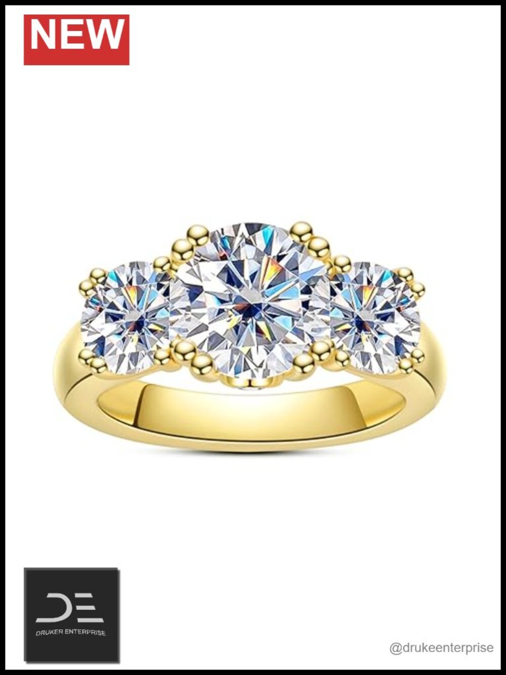 3 Stone Moissanite Engagement Ring 14K Yellow Gold Plated 925 Silver